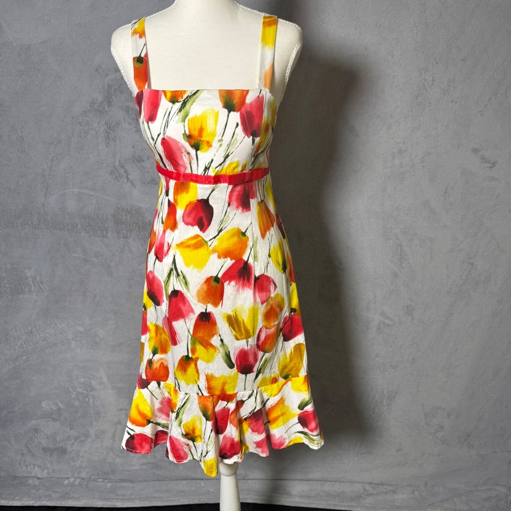 Madison Leigh Petite 10 Floral Tulip Print Ruffle Hem Summer Sundress Red Yellow